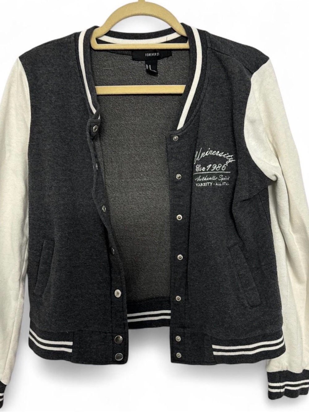 Forever 21 Charcoal and Cream Two-Tone Varsity Jacket